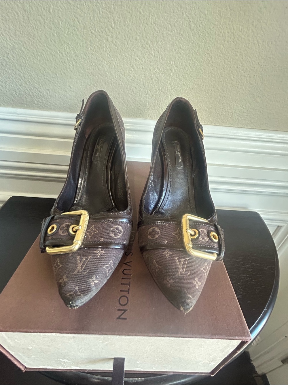 Louis Vuitton Brown Monogram Pointed Toe Buckle Heels